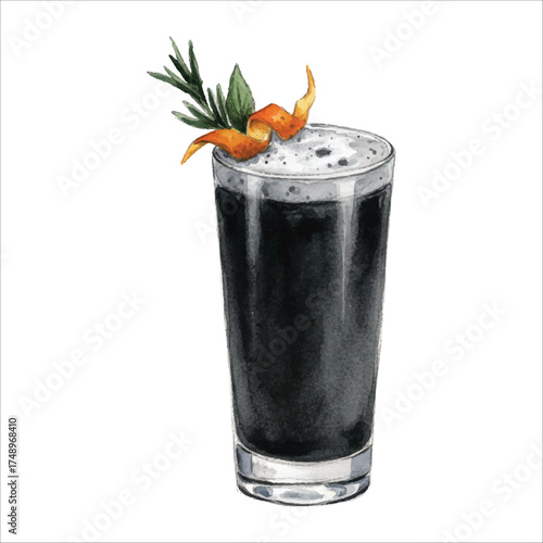 Black charcoal cocktail with orange garnish, watercolor modern mixology drink illustration
