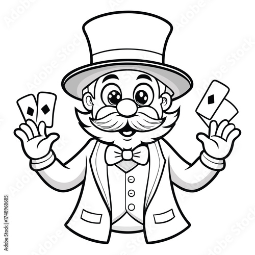 Intricate Coloring Page Featuring a Magician Enchanting with Card Tricks