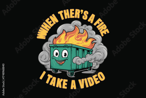 Funny cartoon dumpster fire character filming a video amidst flames and smoke