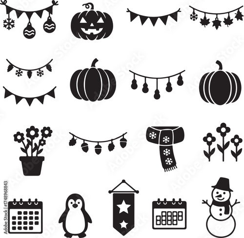 Holiday Decorations and Symbols: An assortment of festive silhouettes captures the essence of various celebrations, featuring pumpkins, garlands.