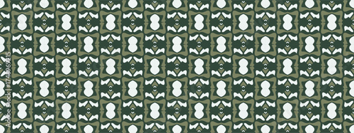 Geometric Mandala Pattern With Abstract Floral Motifs In Dark Green And White Tones.