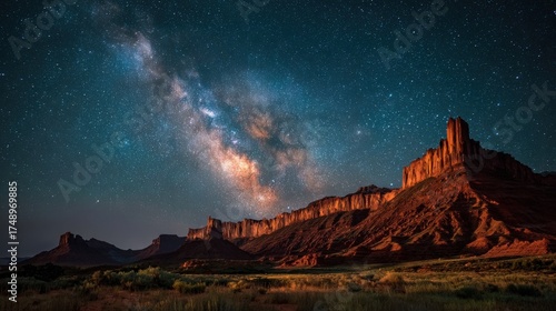 Night Sky Milky Way Over Desert Canyon Landscape.