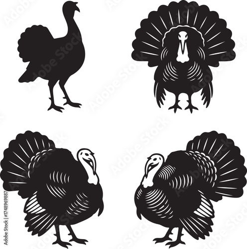 Turkey Silhouettes in Various Poses: Striking silhouettes of turkeys in various poses. It captures the unique shape of turkeys. Perfect for adding a touch of avian charm to your project. 