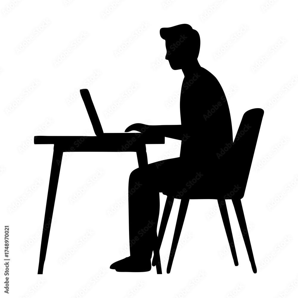 Fototapeta premium SILHOUETTE OF A MAN IN A SUIT SITTING ON A CHAIR WITH A LAPTOP ON A DESK