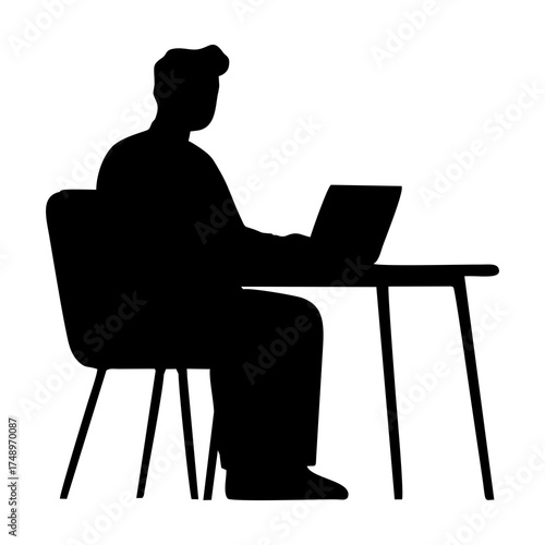 SILHOUETTE OF A MAN IN A SUIT SITTING ON A CHAIR WITH A LAPTOP ON A DESK