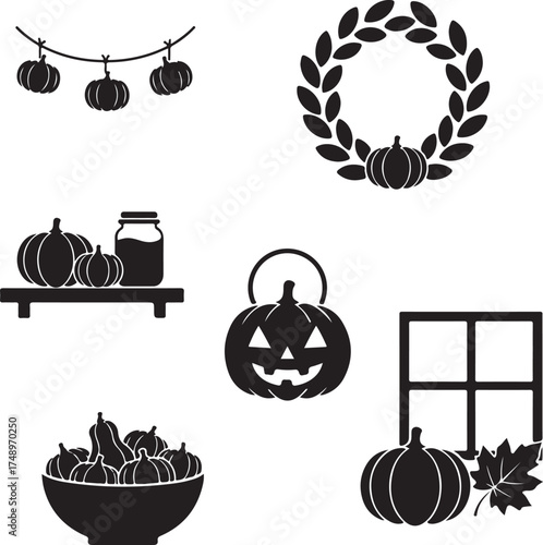 Halloween Silhouette Set: A curated collection of silhouettes capturing the essence of the Halloween season, including pumpkins, wreaths, and decorative elements perfect for festive designs.