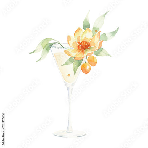 Watercolor mango flower garnish cocktail in elegant glass, tropical fruit drink vector on white background
