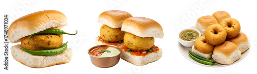 Delicious vada pav indian street food with green chilies and chutney for snack or meal time treat craving on transparent background