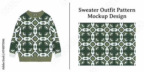 A sweater outfit with a geometric pattern mockup design and a repeating pattern illustration.