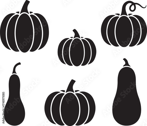 Autumnal Pumpkin Silhouettes: A collection of elegant, monochromatic silhouettes of pumpkins, evoking the spirit of autumn, ready for harvest.