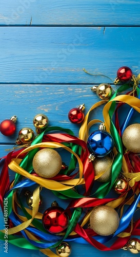 Wallpaper Mural Festive Christmas Ornaments and Ribbons on Blue Wooden Background. Torontodigital.ca