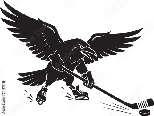 Black Raven Hockey Player Logo, Cartoon Mascot with Hockey Stick