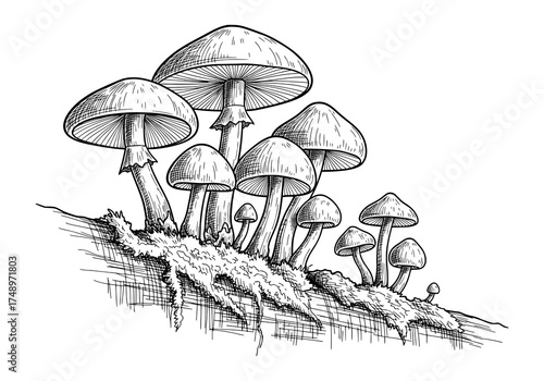 Wild Mushroom Cluster in Vintage Botanical Engraving Style. Vector Illustration for Foraging and Nature Concepts.