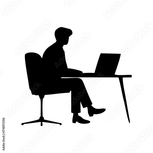 SILHOUETTE OF A MAN IN A SUIT SITTING ON A CHAIR WITH A LAPTOP ON A DESK