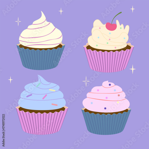 Set of four different cupcakes with colorful frosting and decorations. Sweet vector illustration perfect for bakery design, menu, poster, or food packaging