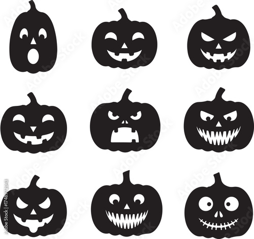 Spooky Pumpkin Patch: A collection of sinister grinning jack-o'-lanterns, a quintessential emblem of Halloween night, captured against a stark background.