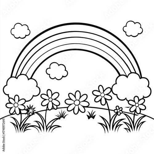 Rainbow Coloring Page: A Vivid Arc Over a Vibrant Wildflower Meadow