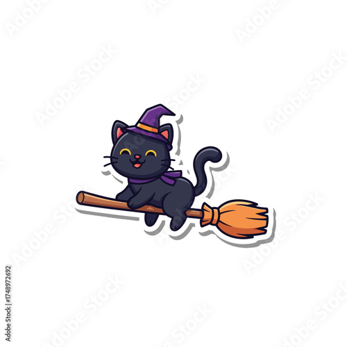A cute cartoon black cat in a purple witch hat and scarf, happily flying on a magical broomstick.