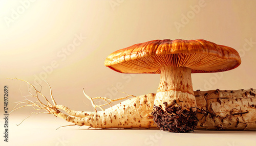 Reishi mushrooms and ginseng roots side by side on a neutral gradient background. Modern minimal style symbolizing adaptogens, natural medicine, vitality, and holistic wellness
