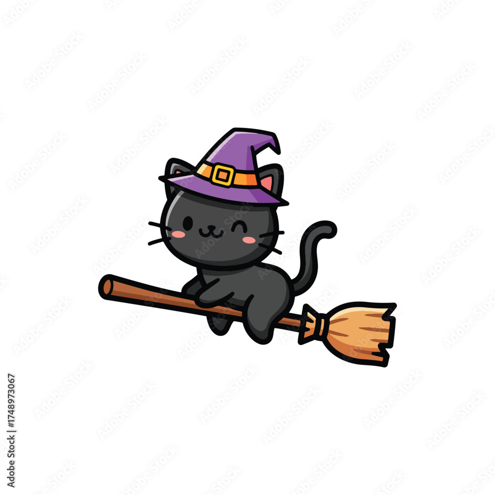 Obraz premium A cute black cartoon cat wearing a purple witch's hat winks while flying on a broomstick, isolated on a white background.