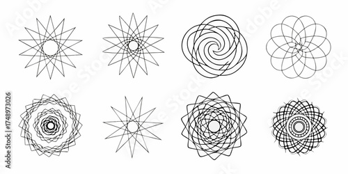 Collection of eight geometric abstract starburst and swirl patterns on white background