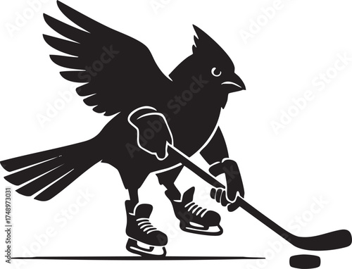 Photography Black Silhouette Cardinal Bird Playing Ice Hockey (Skates & Puck) – Playful Wint