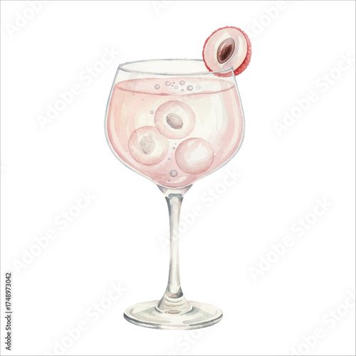 Watercolor lychee cocktail in elegant glass with bubble garnish, pink fruity tropical drink vector on white background
