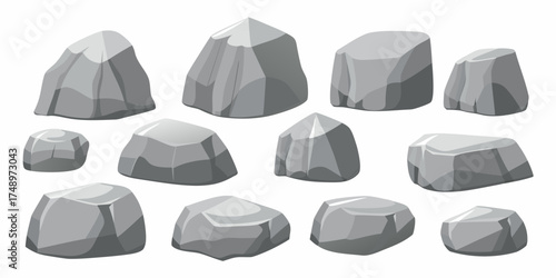 Collection of various grey cartoon style rocks and stones isolated on a white background