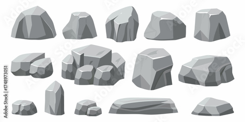 Collection of various gray cartoon style rocks and stones isolated on white background