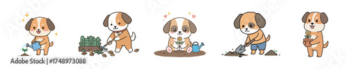 Adorable cartoon dog character happily engaged in various gardening and planting activities collection