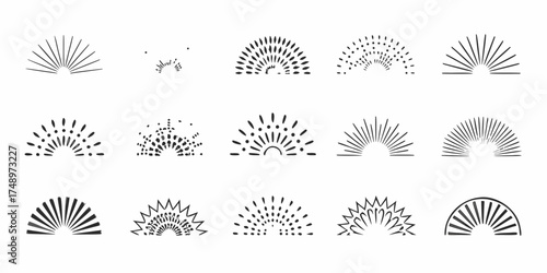 Collection of diverse hand drawn sunburst and sunrise semicircle graphic elements in black and white