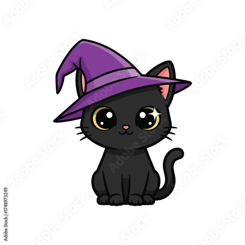 An adorable cartoon black cat with large sparkling eyes wearing a pointy purple witch hat for Halloween.