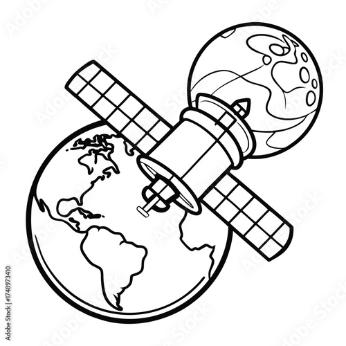 Coloring Page of a Satellite Orbiting Earth for Kids