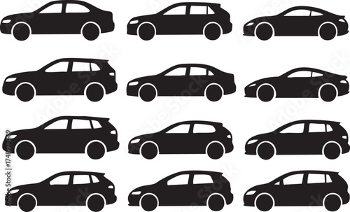 Black Car Silhouette Collection Including Sedan, Hatchback, Coupe and Station Wagon