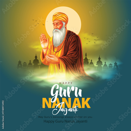 happy Guru Nanak Jayanti festival greeting card design. India Hindu Sikh celebrating birthday of Guru Nanak Dev. abstract vector illustration.