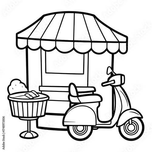 Coloring Page of a Scooter Parked in Front of a Charming Cafe