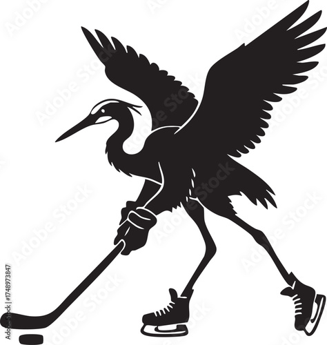Flamingo ice-hockey mascot – black & white vector illustration of cartoon bird skating with stick and puck