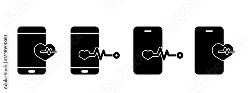 phone with heartbeat icon. phone and heartbeat icon in black style.