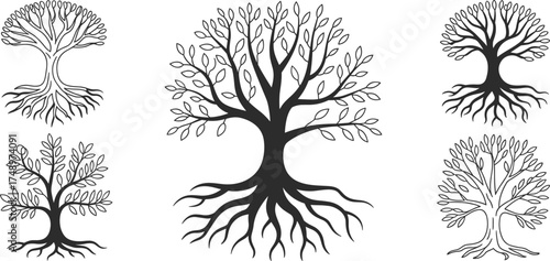 Black and white line art tree with roots and leaves illustration set, minimalist nature design for botanical, ecological, and decorative projects