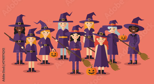 A cheerful flat design illustration featuring a diverse group of friendly witches, adorned with festive hats and brooms, celebrating Halloween joyfully.