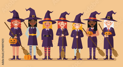 A cheerful flat design illustration featuring a diverse group of friendly witches, adorned with festive hats and brooms, celebrating Halloween joyfully.