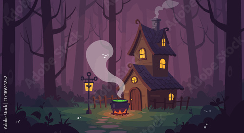 A captivating flat design illustration depicting a mystical witch's house situated in an enchanted forest, with a bubbling cauldron steaming outside. 