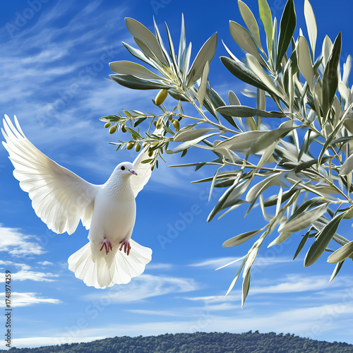 A pure white dove in mid-flight with wings fully spread, holding an olive branch in its beak, against a bright blue sky with soft clouds sharp details and no motion blur.