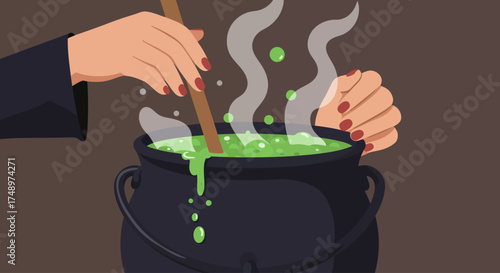 A dynamic flat design illustration showcasing a witch's hands actively stirring a vibrant, bubbling potion within a large cauldron, steam swirling upwards. 