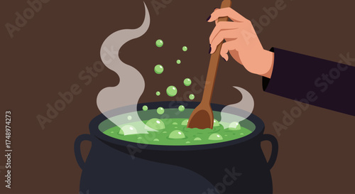 A dynamic flat design illustration showcasing a witch's hands actively stirring a vibrant, bubbling potion within a large cauldron, steam swirling upwards. 