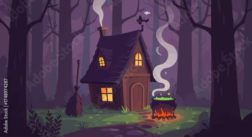 A captivating flat design illustration depicting a mystical witch's house situated in an enchanted forest, with a bubbling cauldron steaming outside. 