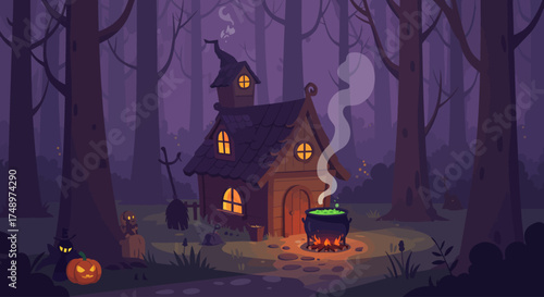 A captivating flat design illustration depicting a mystical witch's house situated in an enchanted forest, with a bubbling cauldron steaming outside. 
