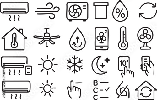 Climate Control Smart Home Icon Set Black Line Art on White Background