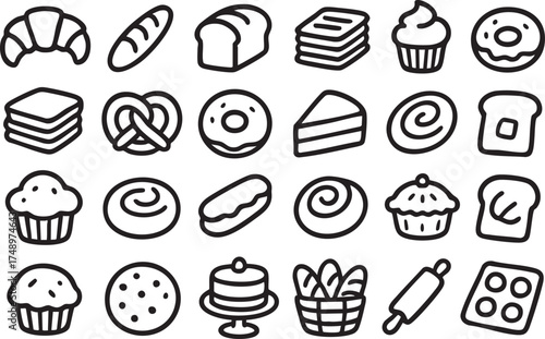 Bakery outline icon set croissant donut cupcake bread pie and pretzel