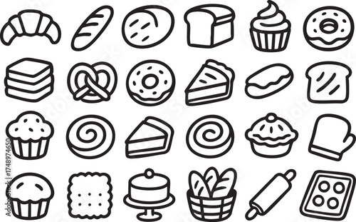 Bakery icons set black outline pastries and bread collection on white background